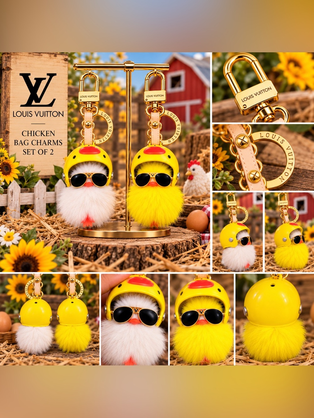 Louis Vuitton Yellow & White Chicken Pom-Pom Bag Charm Pair